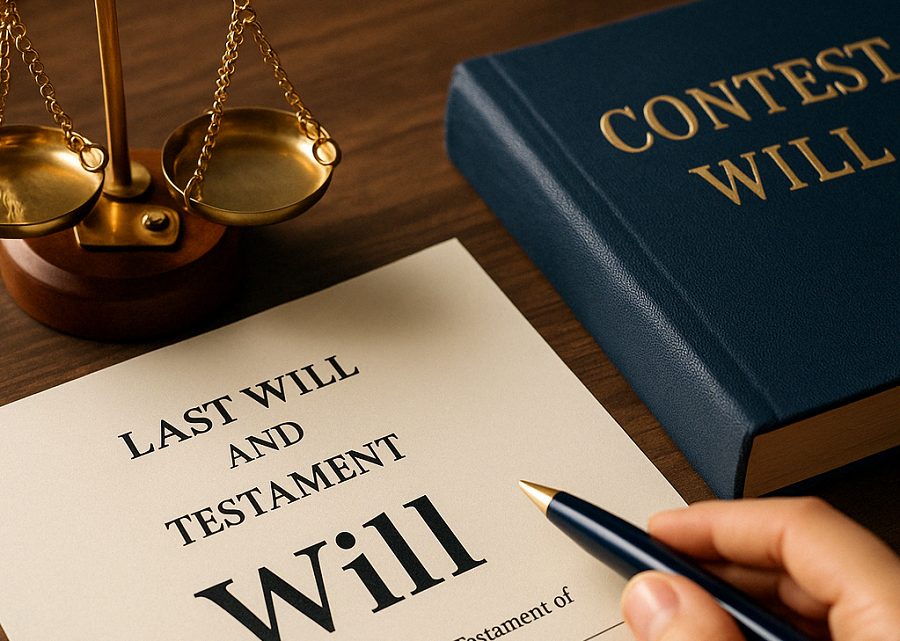 A close-up of a person’s hand holding a “Last Will and Testament” document on a wooden desk, surrounded by legal paperwork and a fountain pen, symbolising the process of contesting a will in the UK.