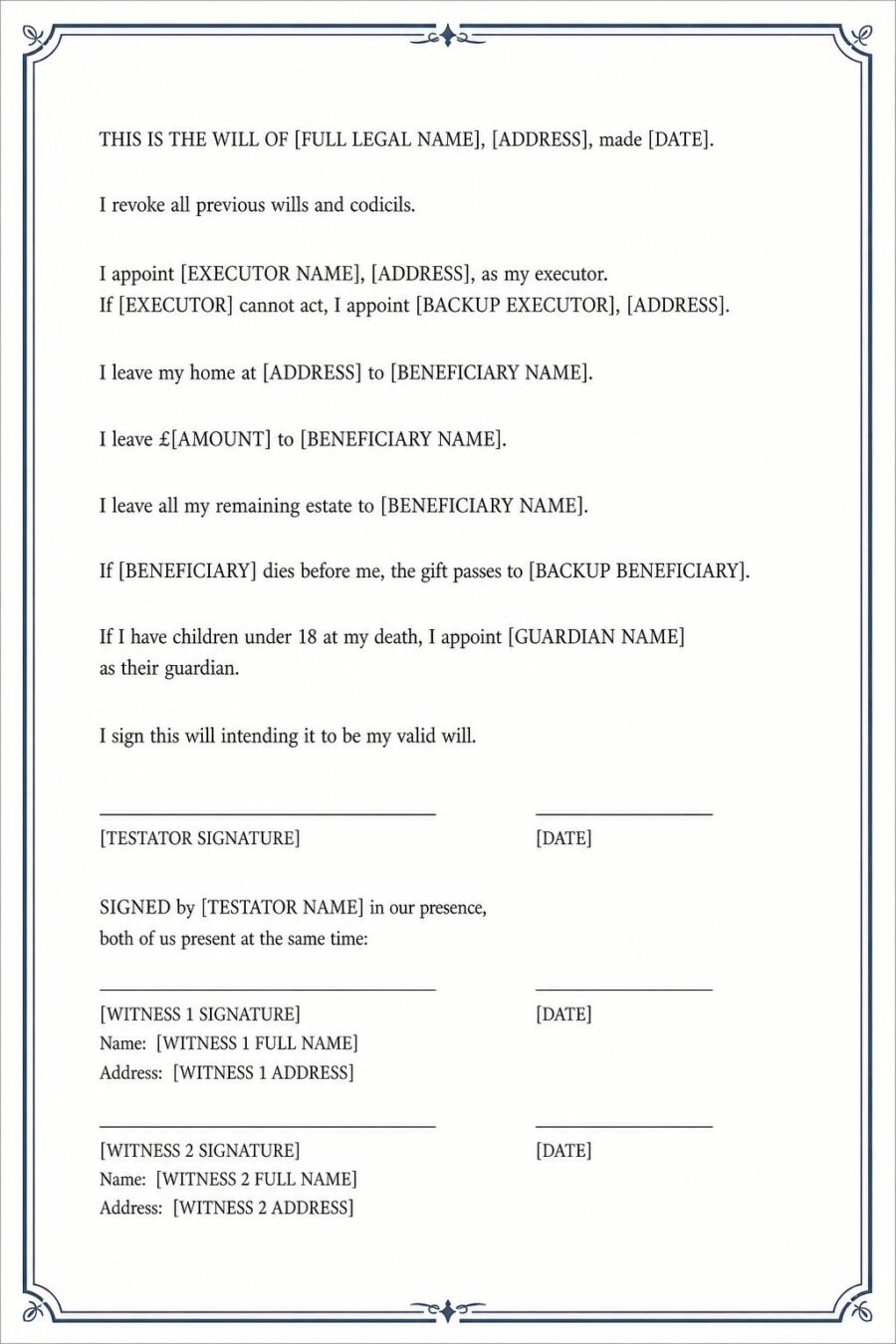A basic simple will template follows this structure